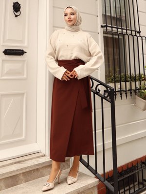 Kahverengi Yandan Bağlamalı Scuba Krep Etek