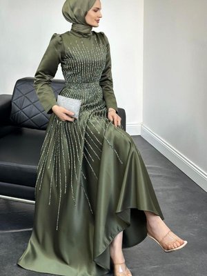 Julia Taşlı Tafta Abiye Elbise Haki