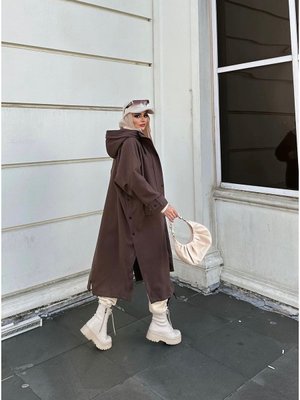Oversize Kışlık Kaşe Kapşonlu Kaban Acı Kahve