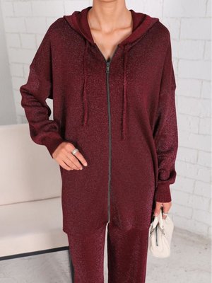 Bordo Simli Merserize Triko Pantolonlu Hırka Takım