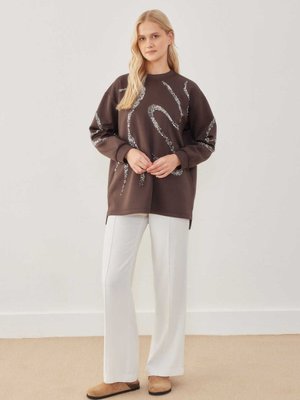 Çift Renk Pul Detaylı Sweatshırt Kahve