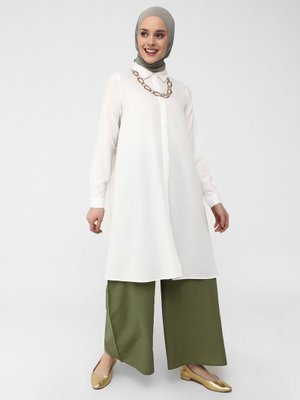 Haki Geniş Paça Beli Lastikli Pamuklu Pantolon Haki Geniş Paça Beli Lastikli Pamuklu Pantolon