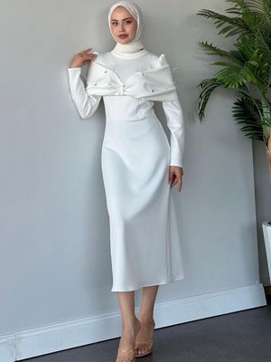 Rehal Scuba Abiye Elbise Beyaz