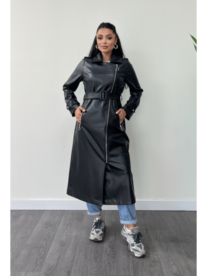 Siyah Suni Deri Kemer Detaylı Kaban