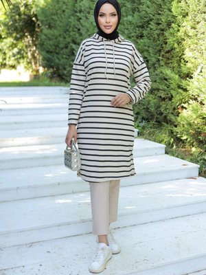 Kapüşonlu Çizgili Tunik Sweatshirt Siyah Kapüşonlu Çizgili Tunik Sweatshirt Siyah