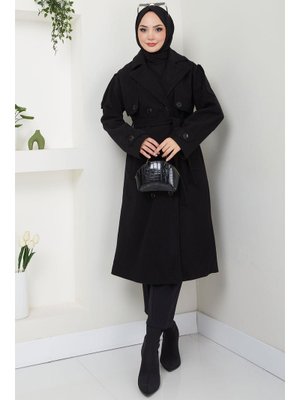 Siyah Kruvaze Yaka Düğmeli Kuşaklı Kaşe Kaban Siyah Kruvaze Yaka Düğmeli Kuşaklı Kaşe Kaban