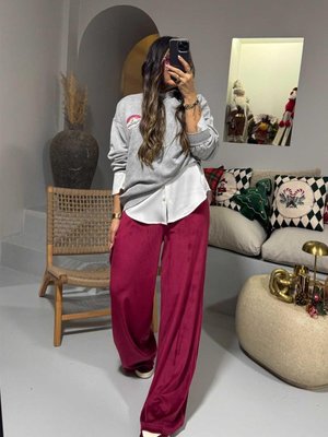 Vişne Kadife Bol Paça Pantolon