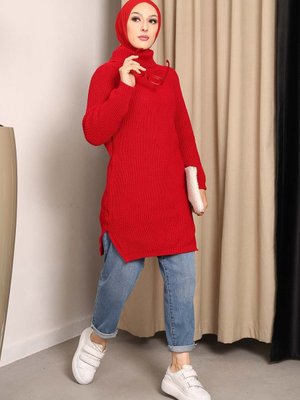 Bordo Boğazlı Yaka Yırtmaçlı Triko Tunik Bordo Boğazlı Yaka Yırtmaçlı Triko Tunik