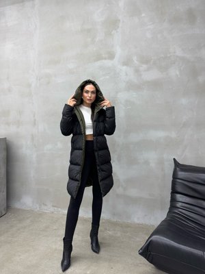 Kapüşonlu,çift Cepli Oversize Elyaf Dolgulu Şişme Mont Haki Siyah