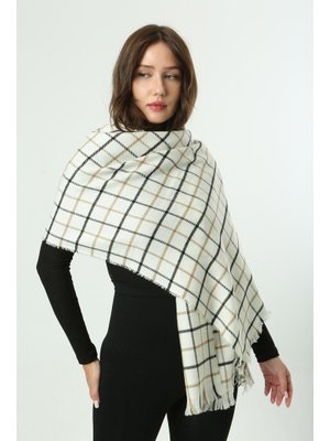 Ekru Kare Desen Atkı Omuz Şalı 70x180 Cm 1282