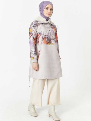 Oranj Peluş Yaka Desenli Tunik