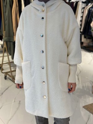 Kapüşonlu Çıtçıt Detaylı Kürk Ceket Ekru