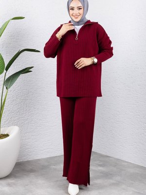 Fermuarlı Triko Takım Bordo