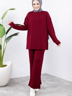 Kolu Ucu Düğme Detaylı Triko Takım Bordo