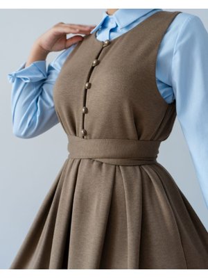 Bol Kalıp Vizon İnci Düğmeli Vintage Jile Elbise Boy Cm