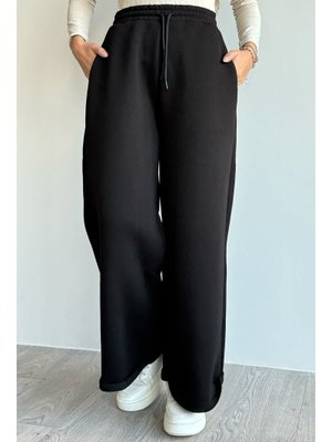 Şardonlu Bol Paça Siyah Eşofman Altı