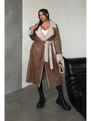 Taba Kürklü Deri Maxi Boy Kaban