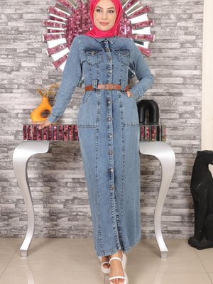 Açık Mavi Deri Kemerli Kot Spor Elbise Açık Mavi Deri Kemerli Kot Spor Elbise