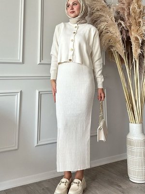 Hırkalı Fitilli İkili Beyaz Triko Takım Hırkalı Fitilli İkili Beyaz Triko Takım