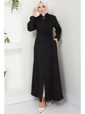 Siyah Nervürlü Kapüşonlu Süet Ferace Siyah Nervürlü Kapüşonlu Süet Ferace