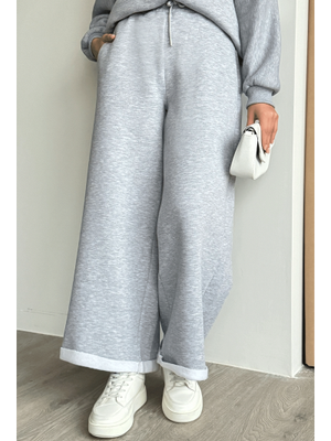 Şardonlu Bol Paça Gri Eşofman Altı