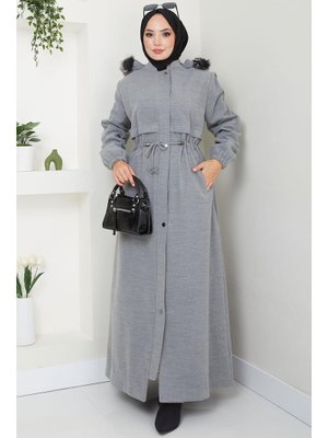 Gri Kapüşonu Kürklü Bağcıklı Büyük Beden Kaşe Kaban Gri Kapüşonu Kürklü Bağcıklı Büyük Beden Kaşe Kaban