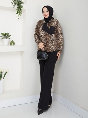 Şık Leopar Saten Gömlek