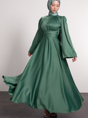 İspanyol Kol Beli Dolamalı Saten Abiye Elbise