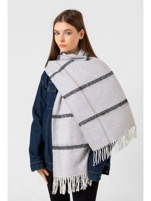 Gri Püsküllü Buklet Atkı Şal 60x170 Cm 1293