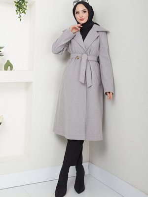Gri Şal Yaka Düğmeli Kuşaklı Kaşe Kaban