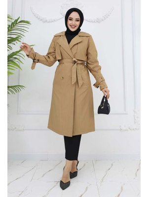 Camel Bel Ve Kol Kemerli Çizgili Trençkot