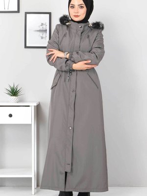 Beli Bağcıklı Kapaklı Mont Gri