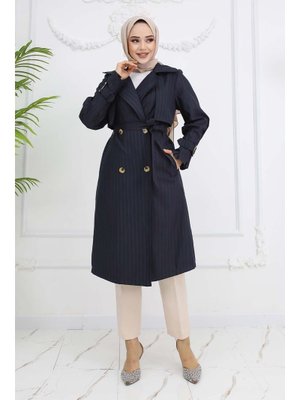 Lacivert Bel Ve Kol Kemerli Çizgili Trençkot