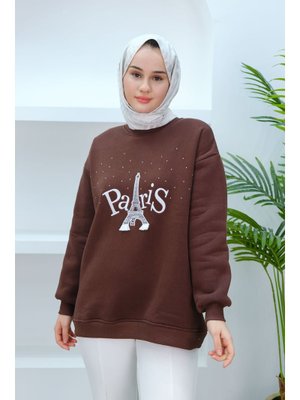 Kahverengi Taş Ve Nakış Detaylı Oversize Sweat Kahverengi Taş Ve Nakış Detaylı Oversize Sweat