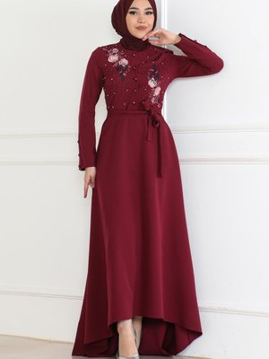 Bordo Nakış Detaylı Abiye Elbise Bordo Nakış Detaylı Abiye Elbise
