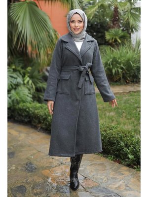 Antrasit Kapak Detaylı Kaşe Kaban