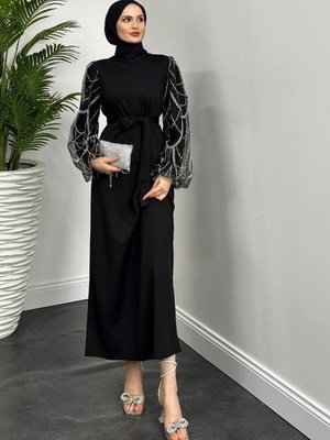 Angelica Kolları Simli Abiye Elbise Siyah