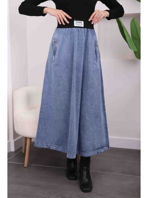 Mavi Cepli Bel Lastikli Kloş Kot Etek