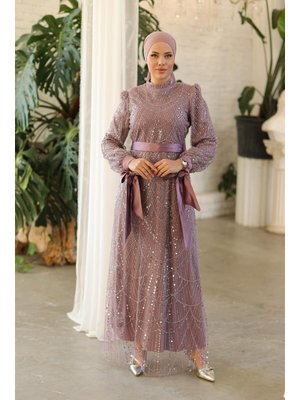 Lila Afra Boncuklu Abiye Elbise