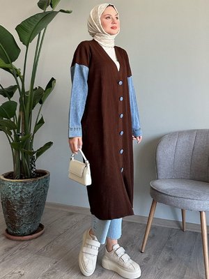 Kolları Kot Detaylı Acı Kahve Triko Hırka Kolları Kot Detaylı Acı Kahve Triko Hırka