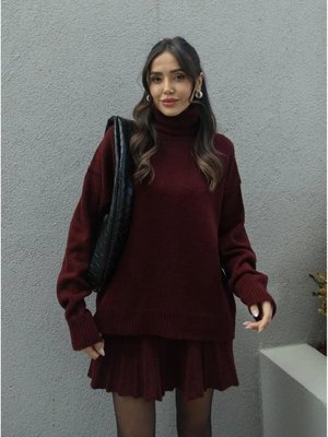 Bordo Pileli Mini Etek Balıkçı Kazak Alt Üst Triko Takım Bordo Pileli Mini Etek Balıkçı Kazak Alt Üst Triko Takım