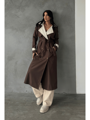 Kahverengi Bondit Kumaş Maxi Boy Trençkot