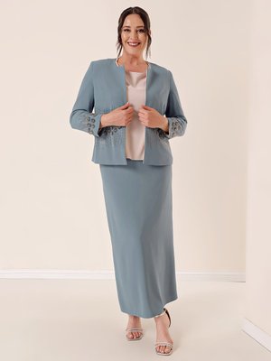 Turkuaz By Saygı İthal Krep Astarlı Boncuk İşlemeli Üçlü Büyük Beden Takım