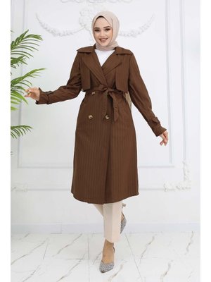Kahverengi Bel Ve Kol Kemerli Çizgili Trençkot