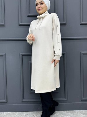 Kapüşonlu Kolu Düğmeli Tunik Taş