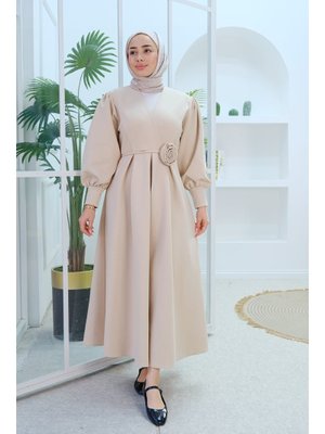Krem Gül Kemerli Elbise Krem Gül Kemerli Elbise