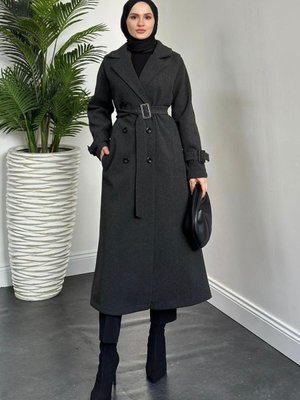 Mahika Astarlı Kemerli Kaşe Kaban Füme Mahika Astarlı Kemerli Kaşe Kaban Füme