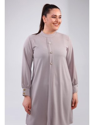 Gri Kadin Buyuk Beden Tesettur Tunik Düğmeli Ayrobin Kumaş