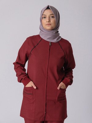 Bergama Bordo Tek Üst Likralı Fermuarlı Doktor Hemşire Üniforma Scrubs