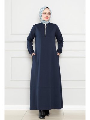 Lacivert Önü Fermuar Detaylı İki İplik Elbise Lacivert Önü Fermuar Detaylı İki İplik Elbise